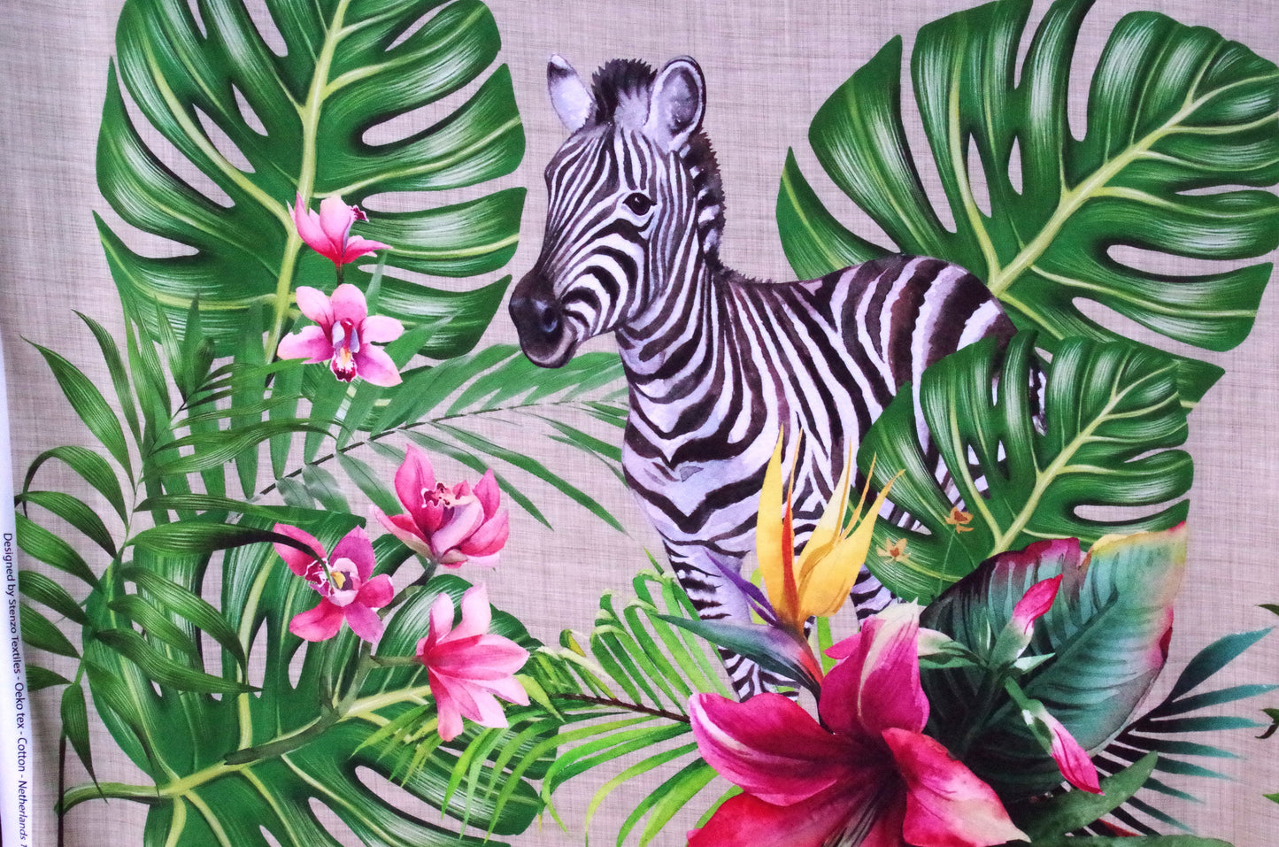 Stenzo 100% Cotton Oeko-Tex Fabric Panel - Cheetah and Zebra on Linen Background - 60" x 47"