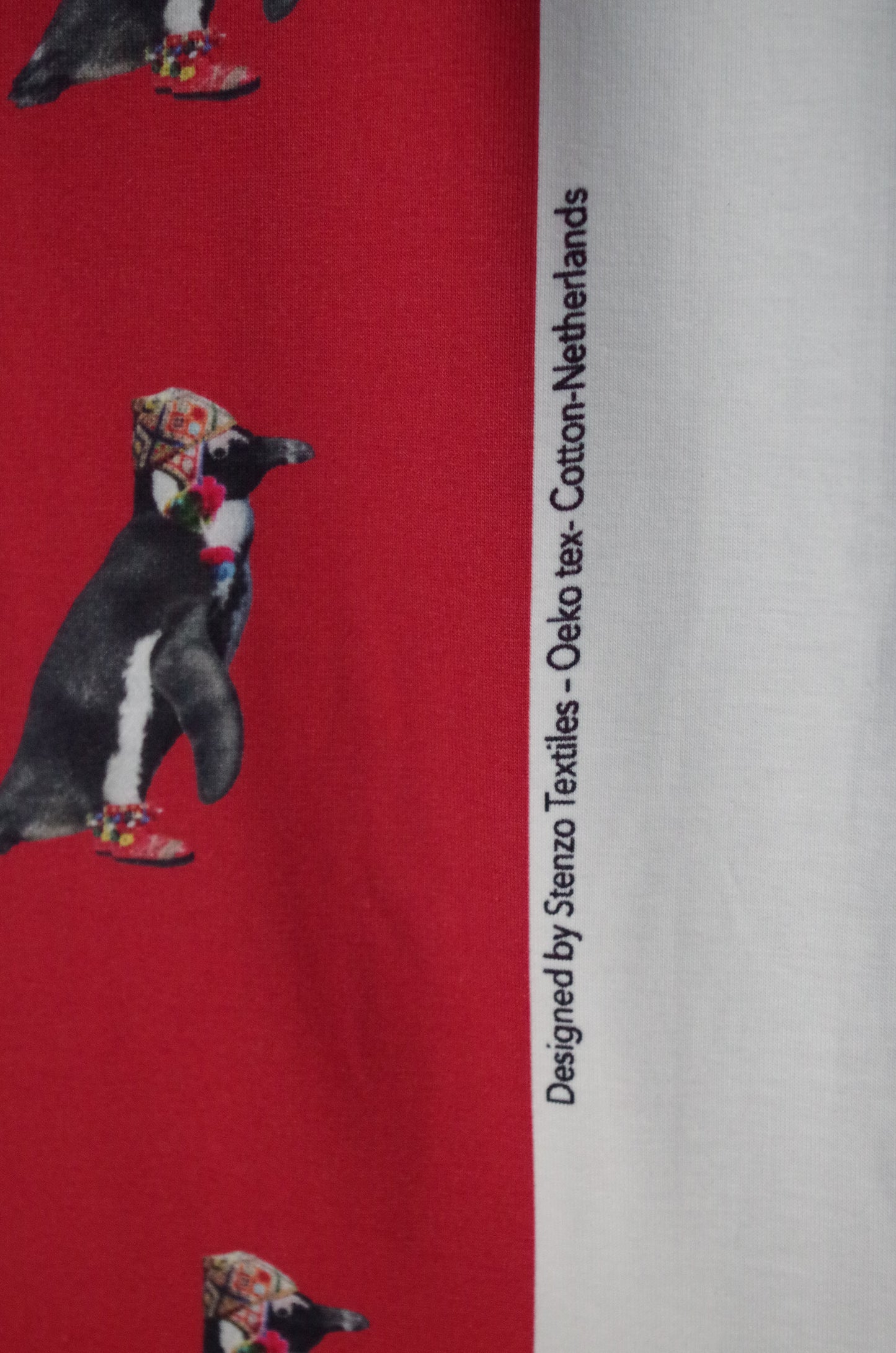 Stenzo 100% Cotton Oeko-Tex Fabric Panel - Sherpa Penguin on Red Background - 60" x 47"