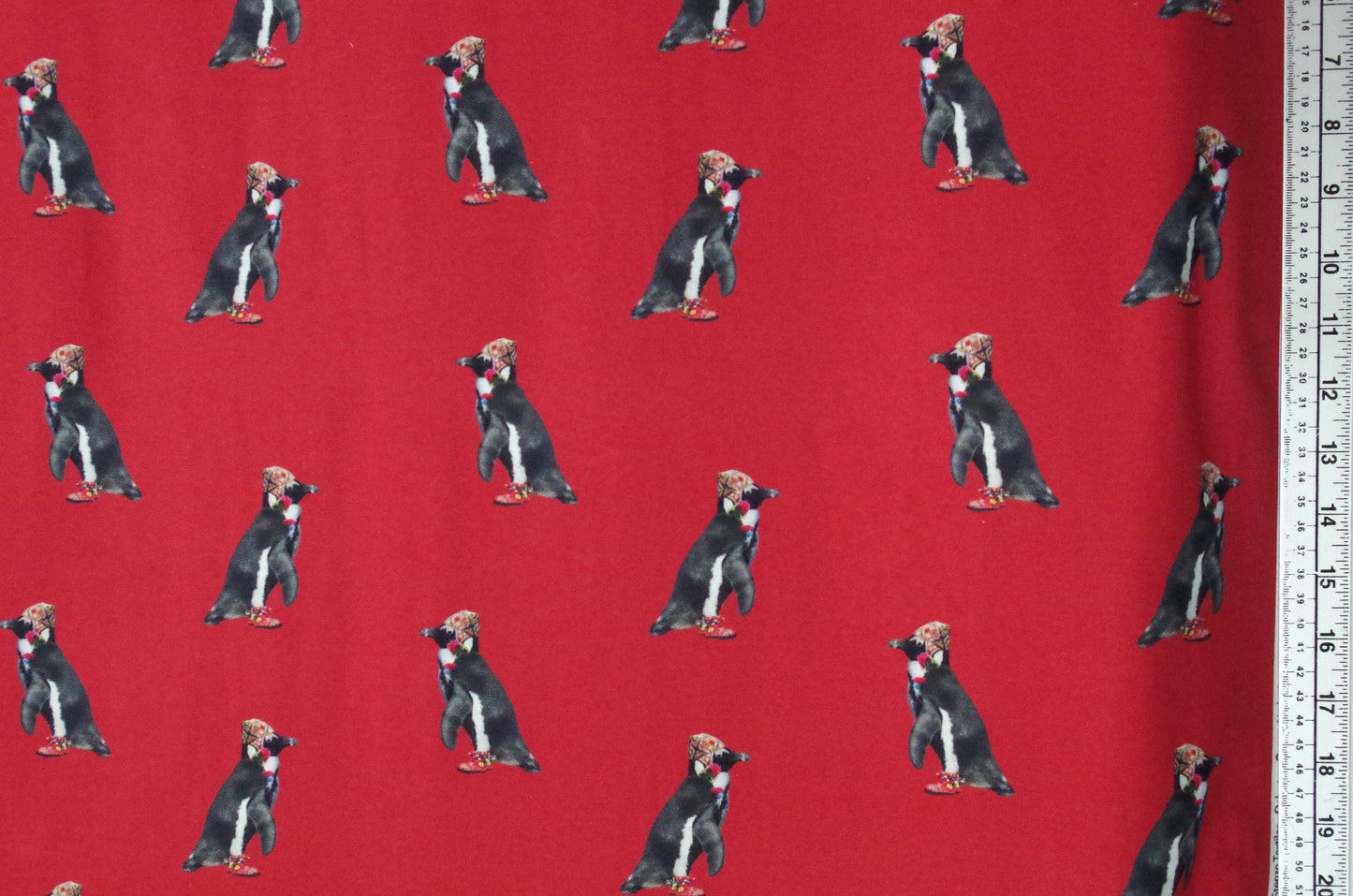 Stenzo 100% Cotton Oeko-Tex Fabric Panel - Sherpa Penguin on Red Background - 60" x 47"