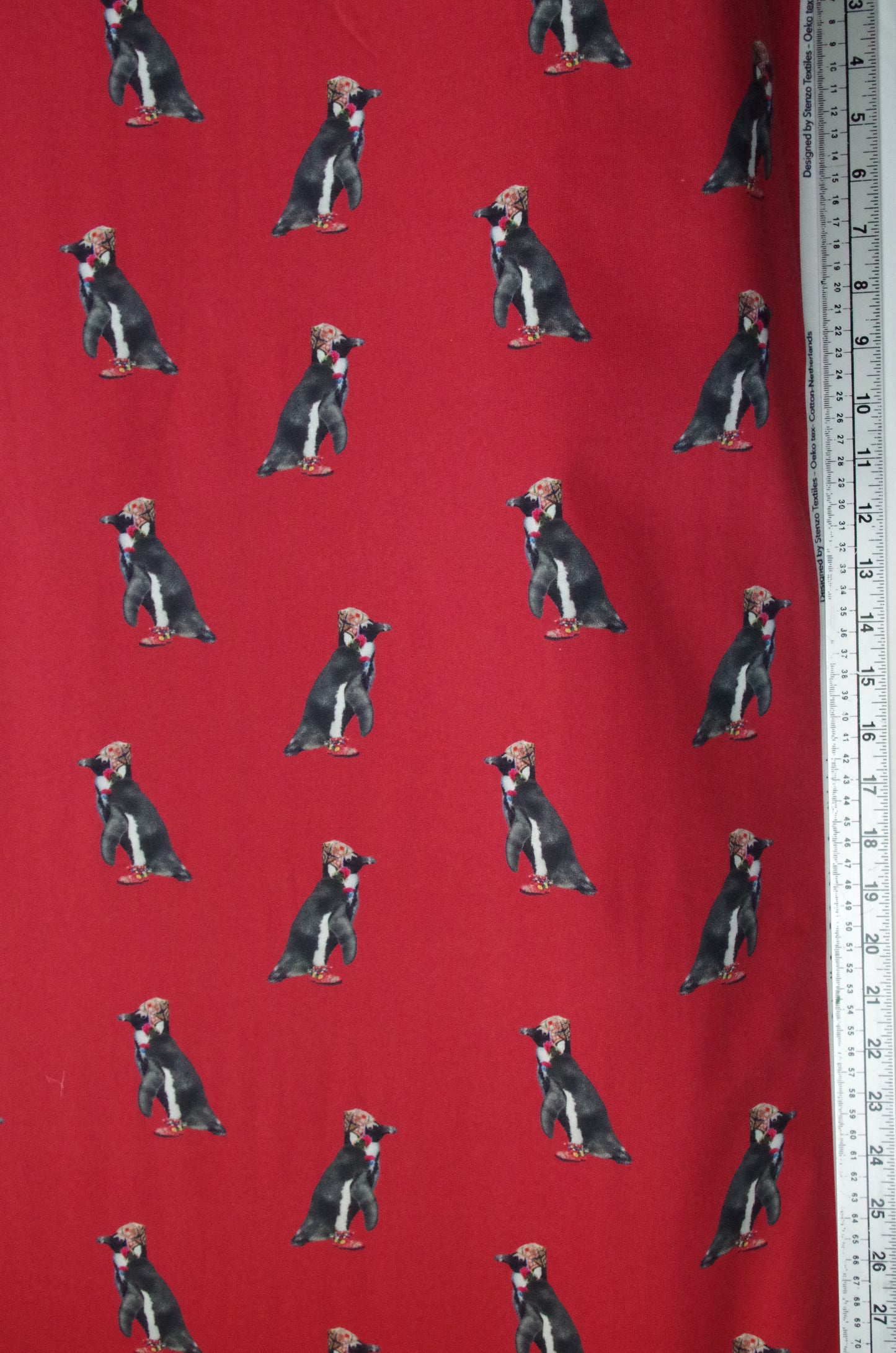 Stenzo 100% Cotton Oeko-Tex Fabric Panel - Sherpa Penguin on Red Background - 60" x 47"