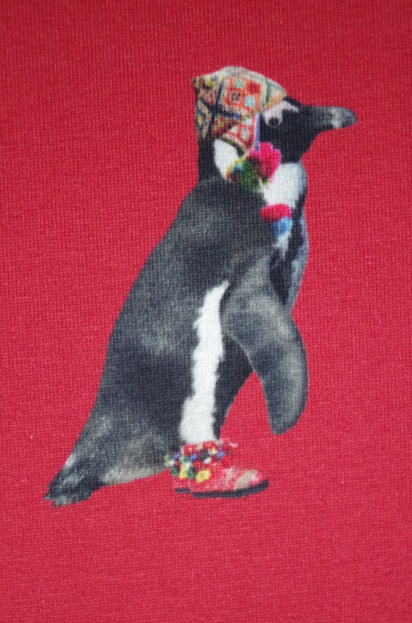 Stenzo 100% Cotton Oeko-Tex Fabric Panel - Sherpa Penguin on Red Background - 60" x 47"