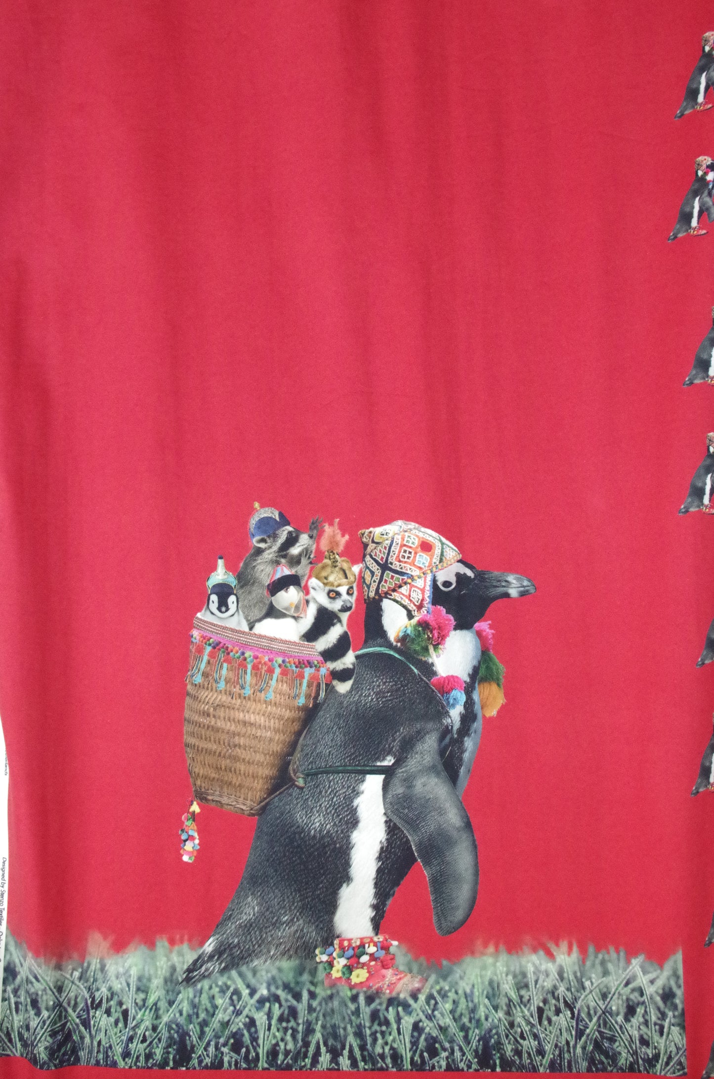 Stenzo 100% Cotton Oeko-Tex Fabric Panel - Sherpa Penguin on Red Background - 60" x 47"
