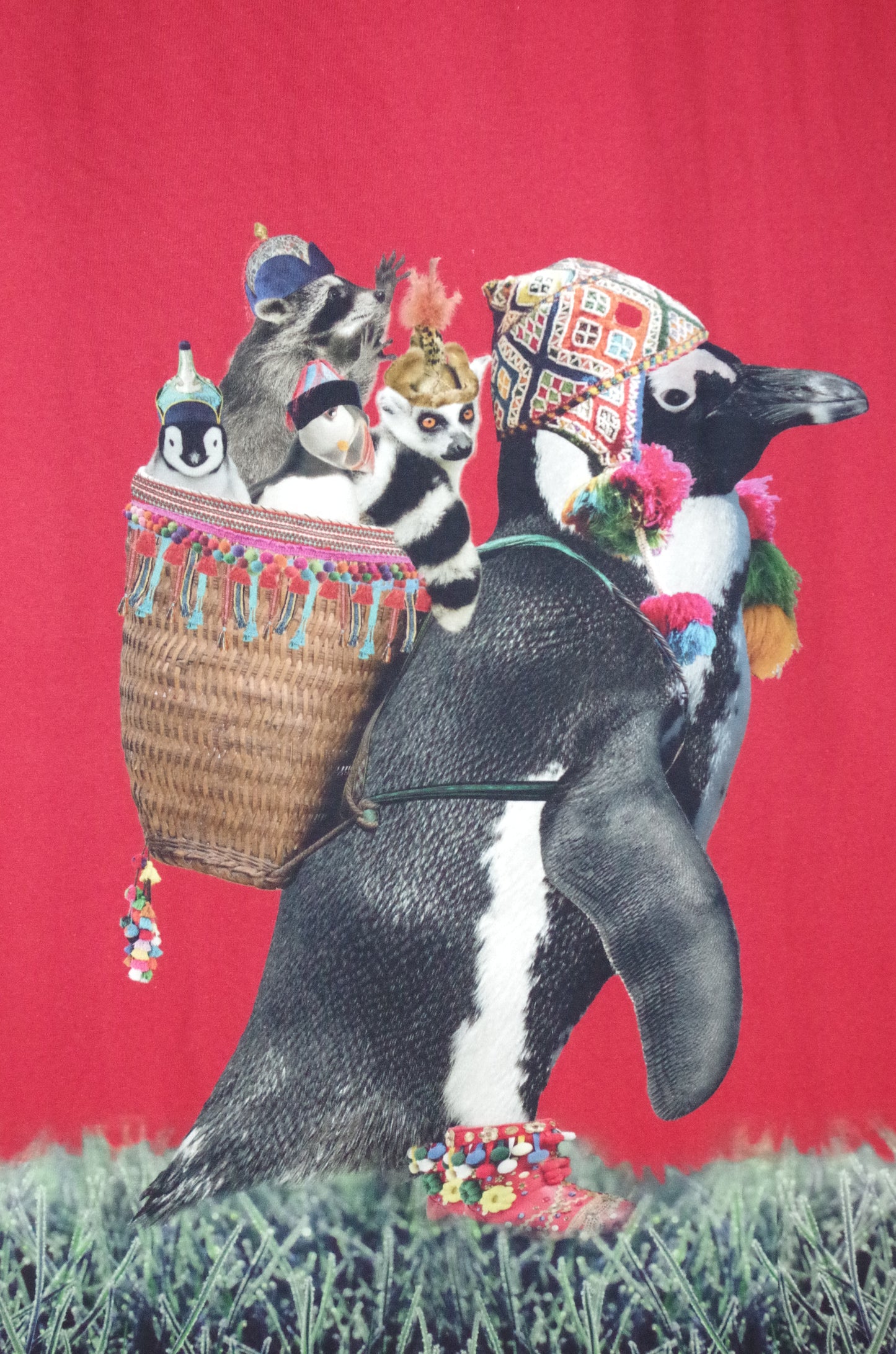 Stenzo 100% Cotton Oeko-Tex Fabric Panel - Sherpa Penguin on Red Background - 60" x 47"