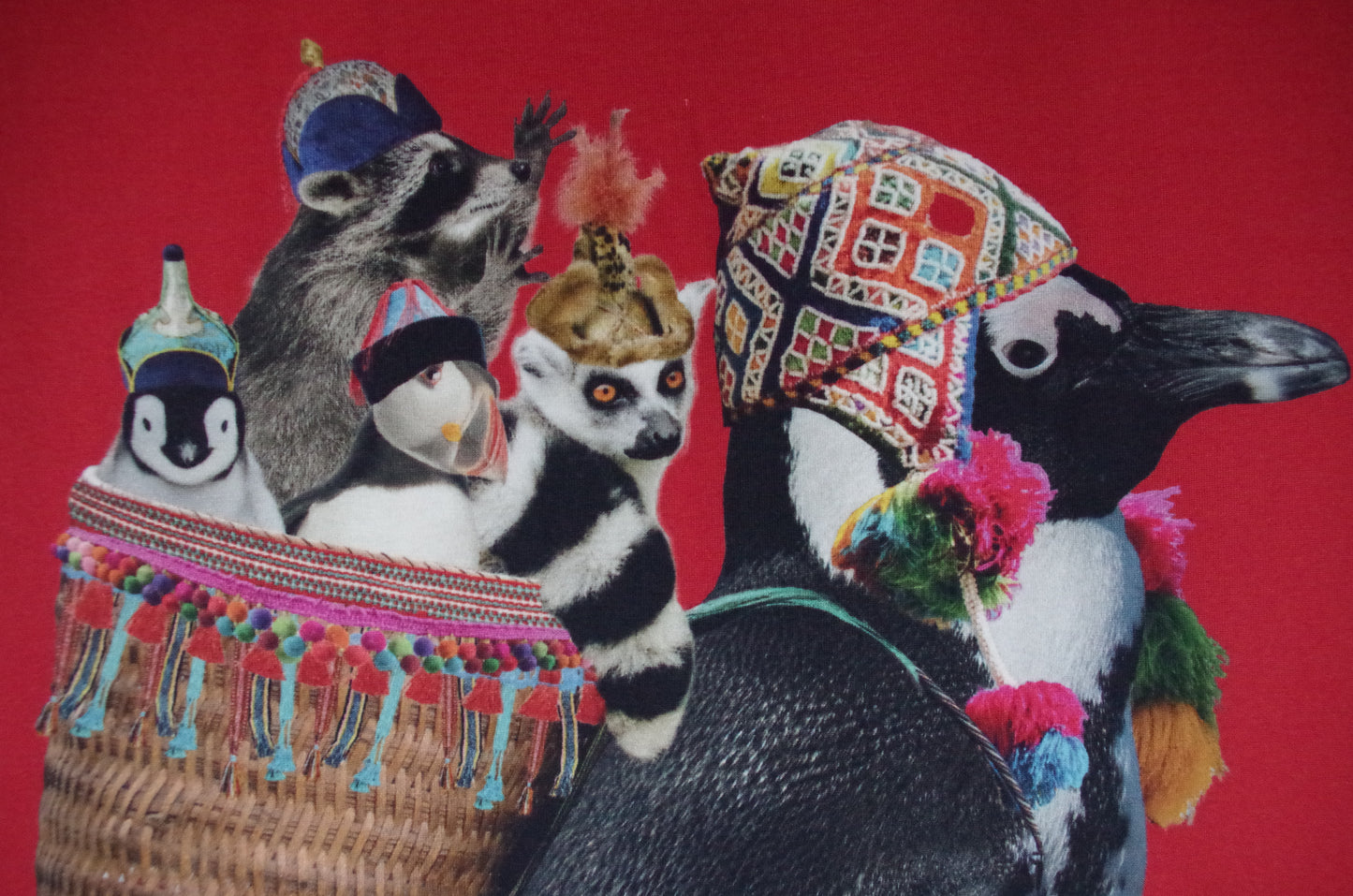 Stenzo 100% Cotton Oeko-Tex Fabric Panel - Sherpa Penguin on Red Background - 60" x 47"