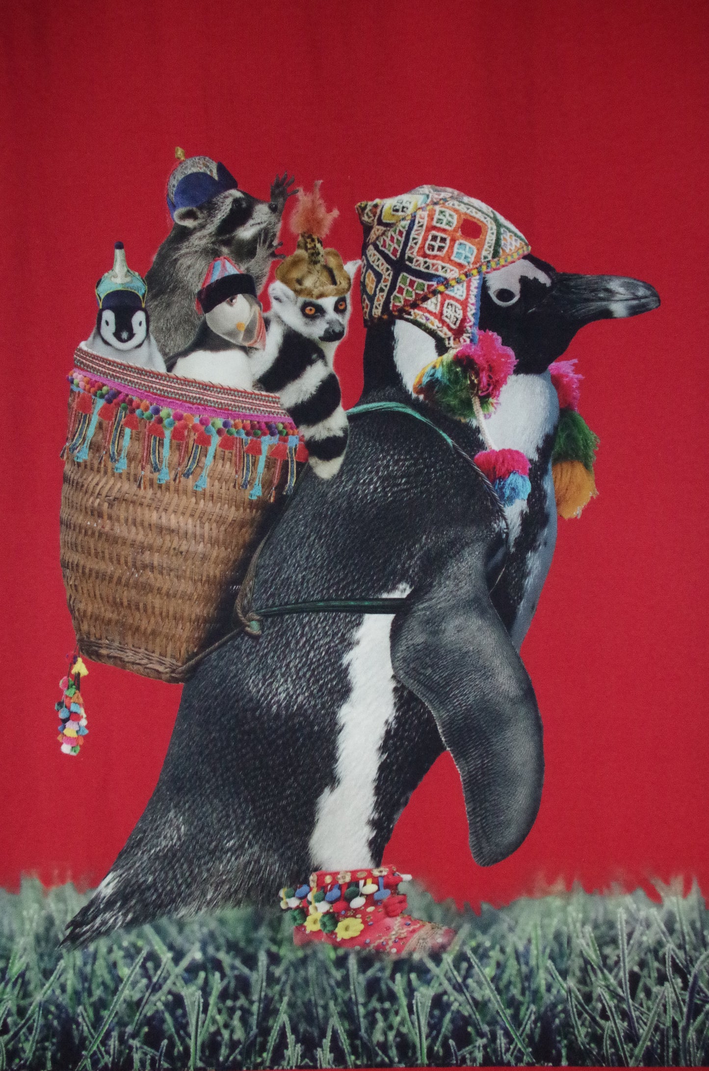 Stenzo 100% Cotton Oeko-Tex Fabric Panel - Sherpa Penguin on Red Background - 60" x 47"