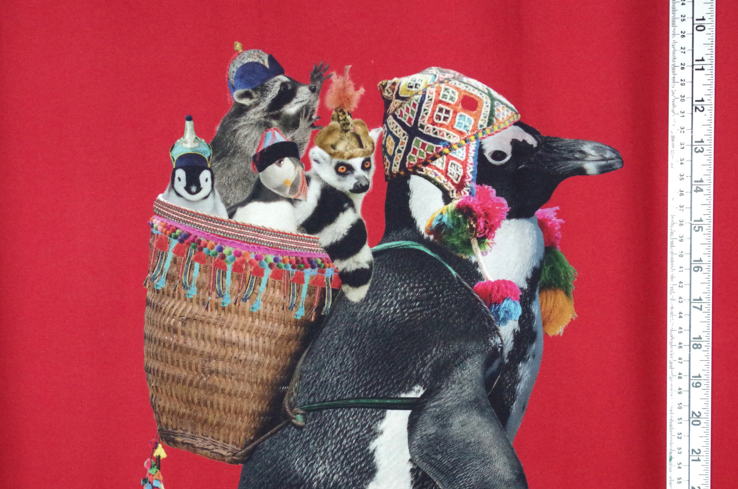Stenzo 100% Cotton Oeko-Tex Fabric Panel - Sherpa Penguin on Red Background - 60" x 47"