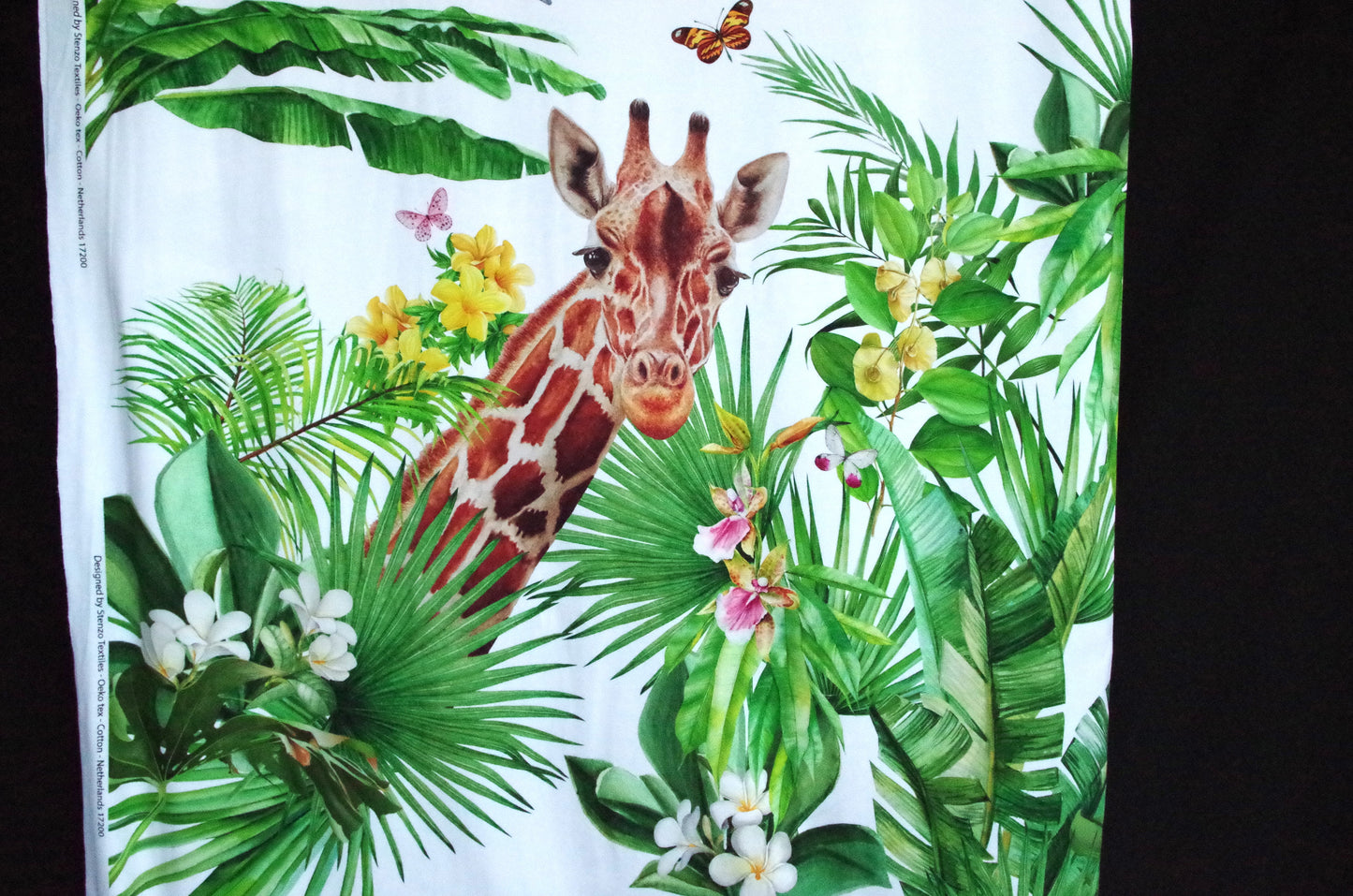 Stenzo 100% Cotton Oeko-Tex Fabric Panel - Giraffe in Leaves on White Background - 60" x 47"