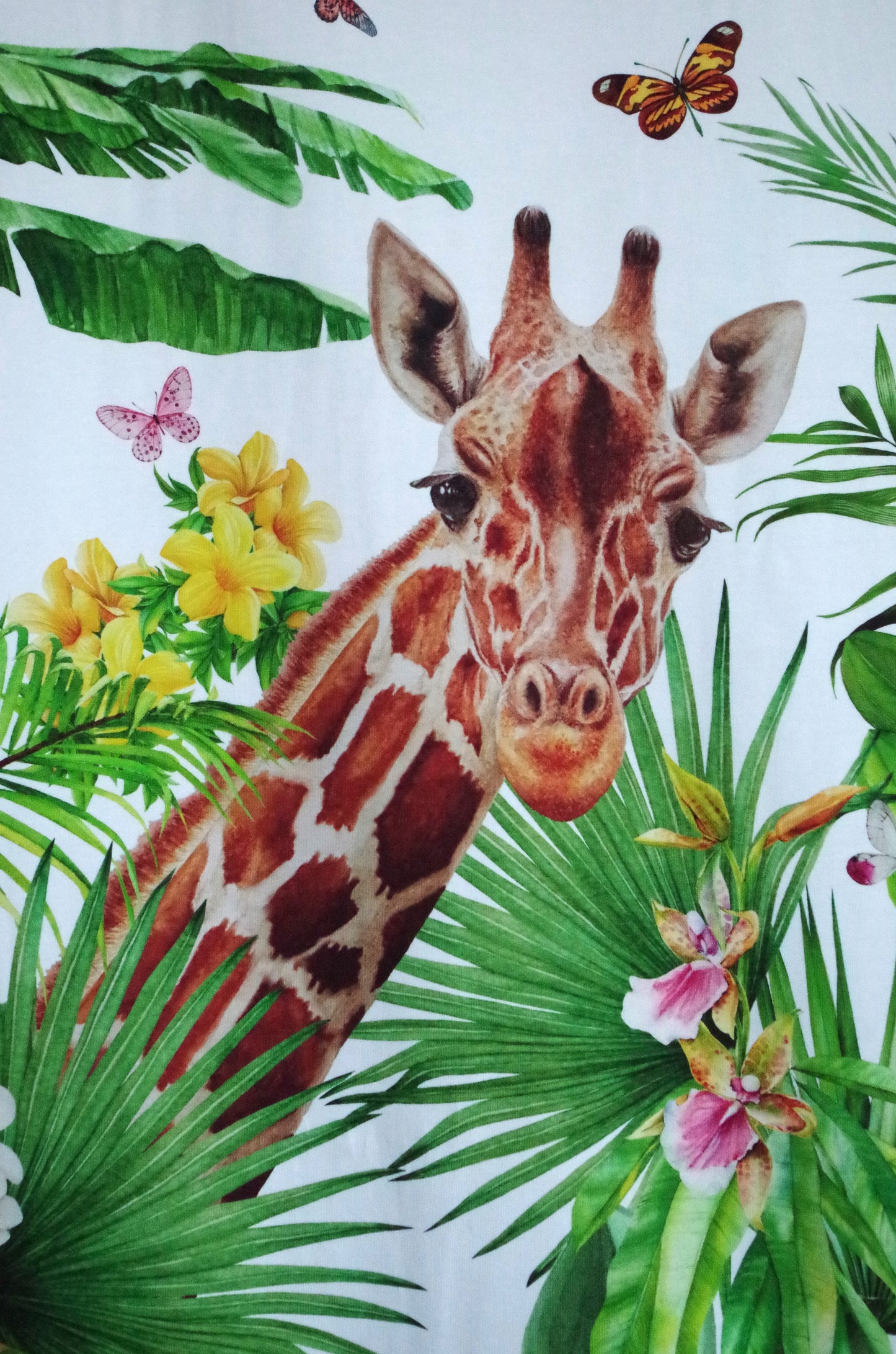 Stenzo 100% Cotton Oeko-Tex Fabric Panel - Giraffe in Leaves on White Background - 60" x 47"