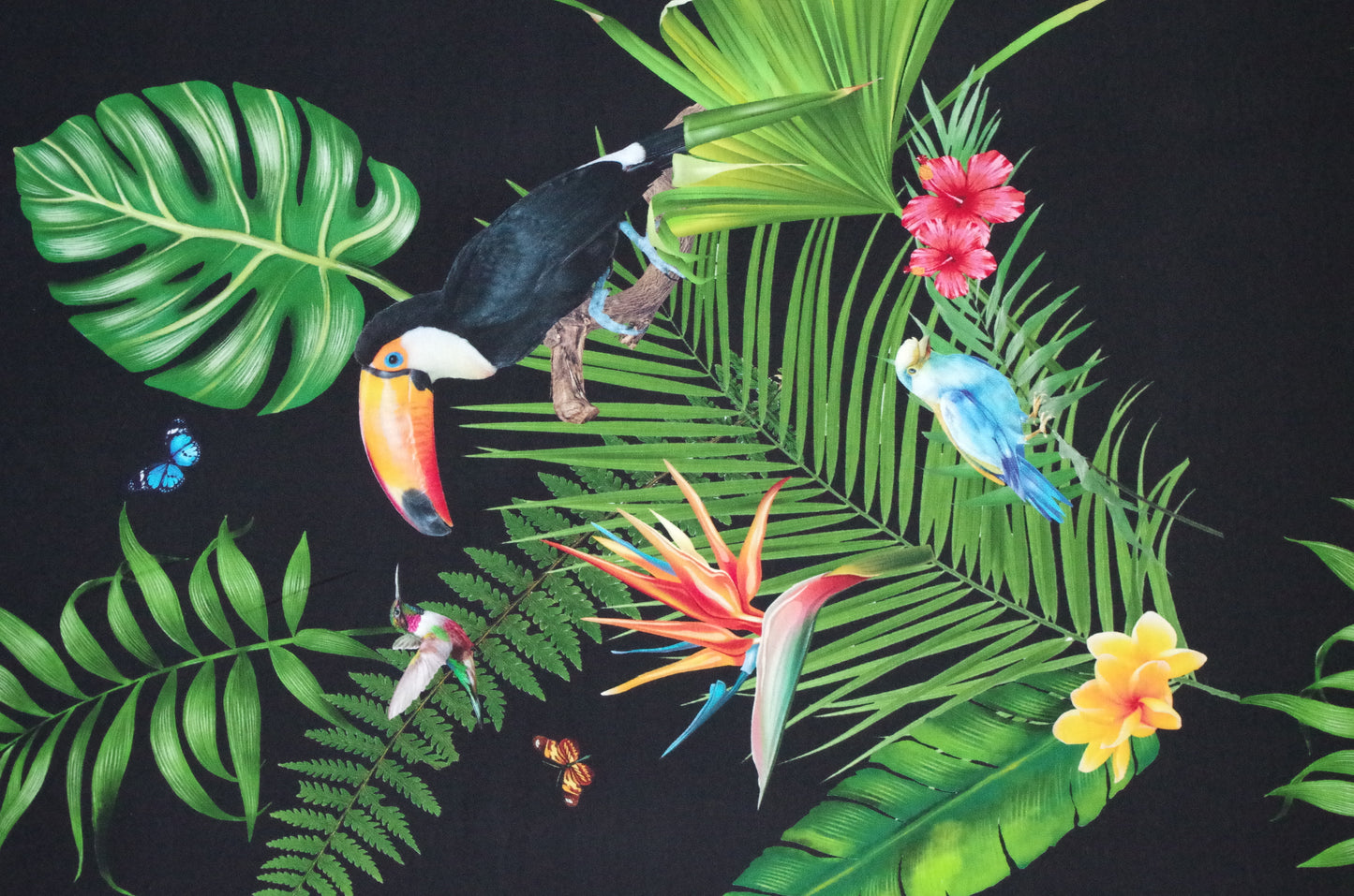 Stenzo 100% Cotton Oeko-Tex Fabric Panel - Tropical Birds on Black Background - 60" x 47"