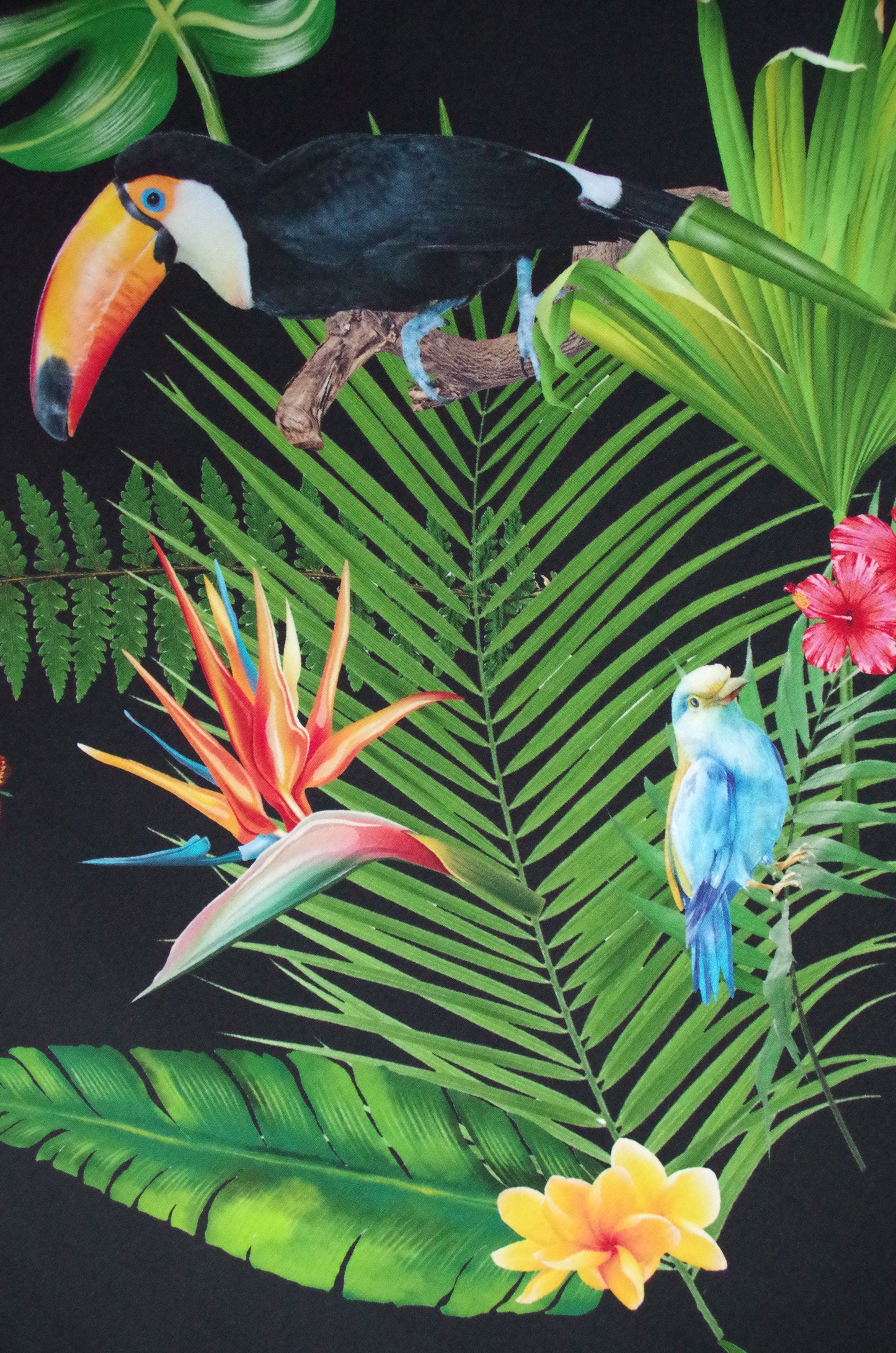 Stenzo 100% Cotton Oeko-Tex Fabric Panel - Tropical Birds on Black Background - 60" x 47"