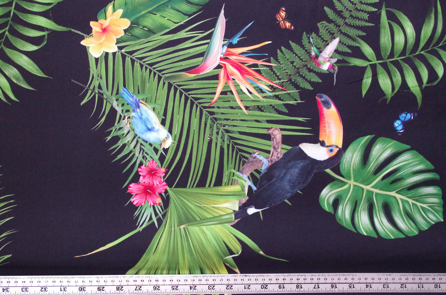 Stenzo 100% Cotton Oeko-Tex Fabric Panel - Tropical Birds on Black Background - 60" x 47"