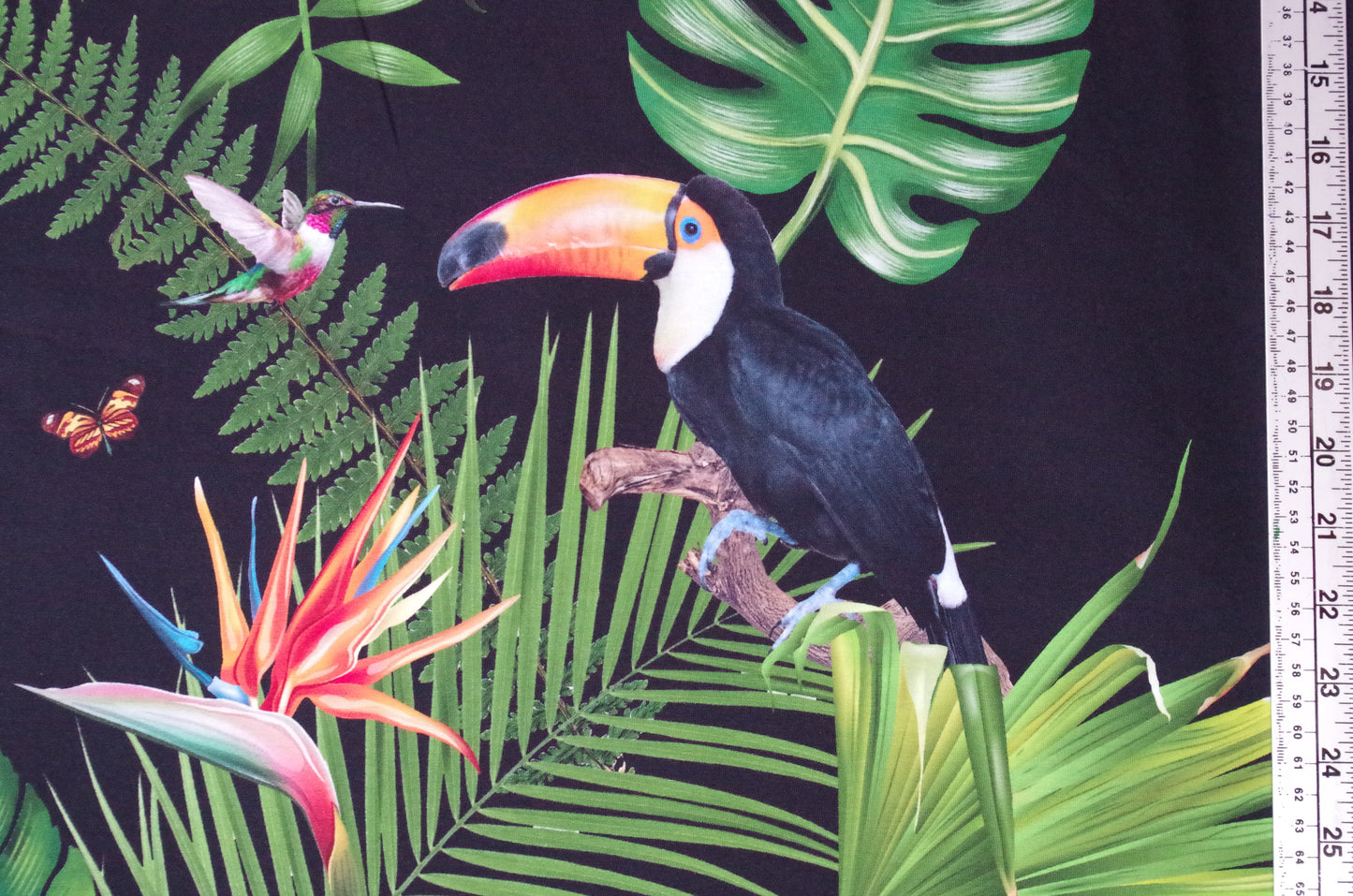 Stenzo 100% Cotton Oeko-Tex Fabric Panel - Tropical Birds on Black Background - 60" x 47"
