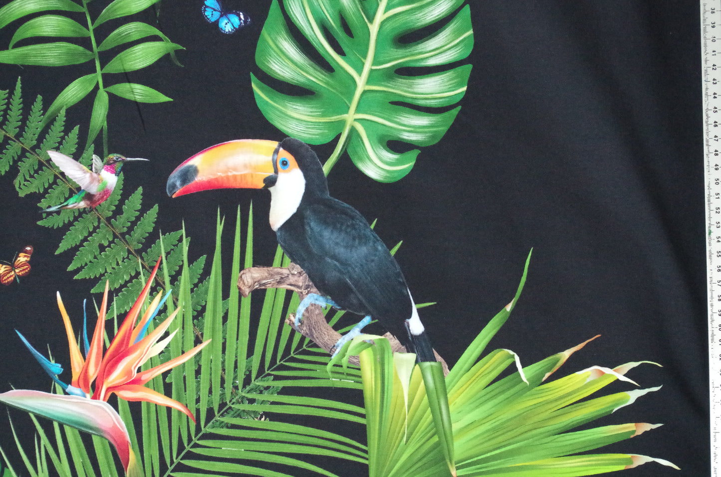 Stenzo 100% Cotton Oeko-Tex Fabric Panel - Tropical Birds on Black Background - 60" x 47"