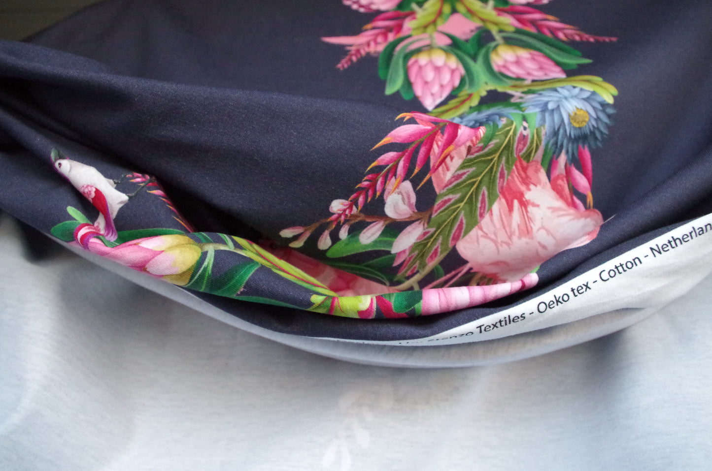 Stenzo 100% Cotton Oeko-Tex Fabric Panel - Pink Flamingo on Navy Blue - 60" x 47"
