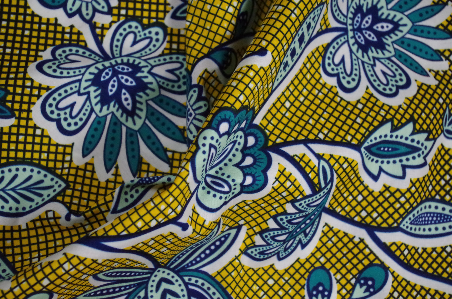 Vibrant Ankara Wax Print - Blue Vines on Yellow