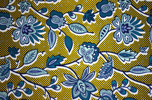Vibrant Ankara Wax Print - Blue Vines on Yellow