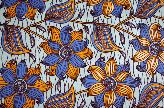 Vibrant Ankara Wax Print - Blue and Yellow Blooms