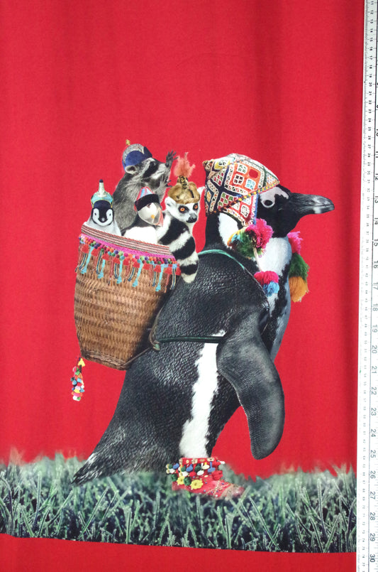 Stenzo 100% Cotton Oeko-Tex Fabric Panel - Sherpa Penguin on Red Background - 60" x 47"
