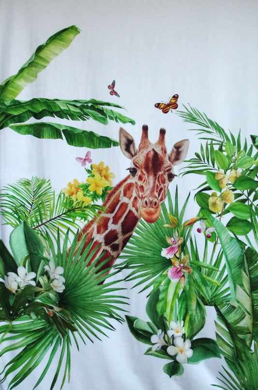 Stenzo 100% Cotton Oeko-Tex Fabric Panel - Giraffe in Leaves on White Background - 60" x 47"