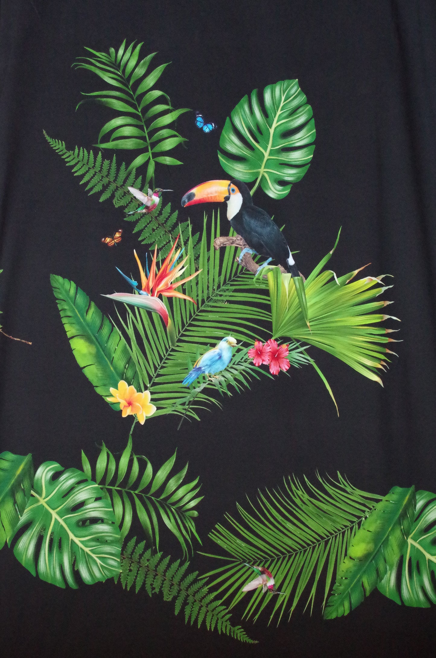 Stenzo 100% Cotton Oeko-Tex Fabric Panel - Tropical Birds on Black Background - 60" x 47"